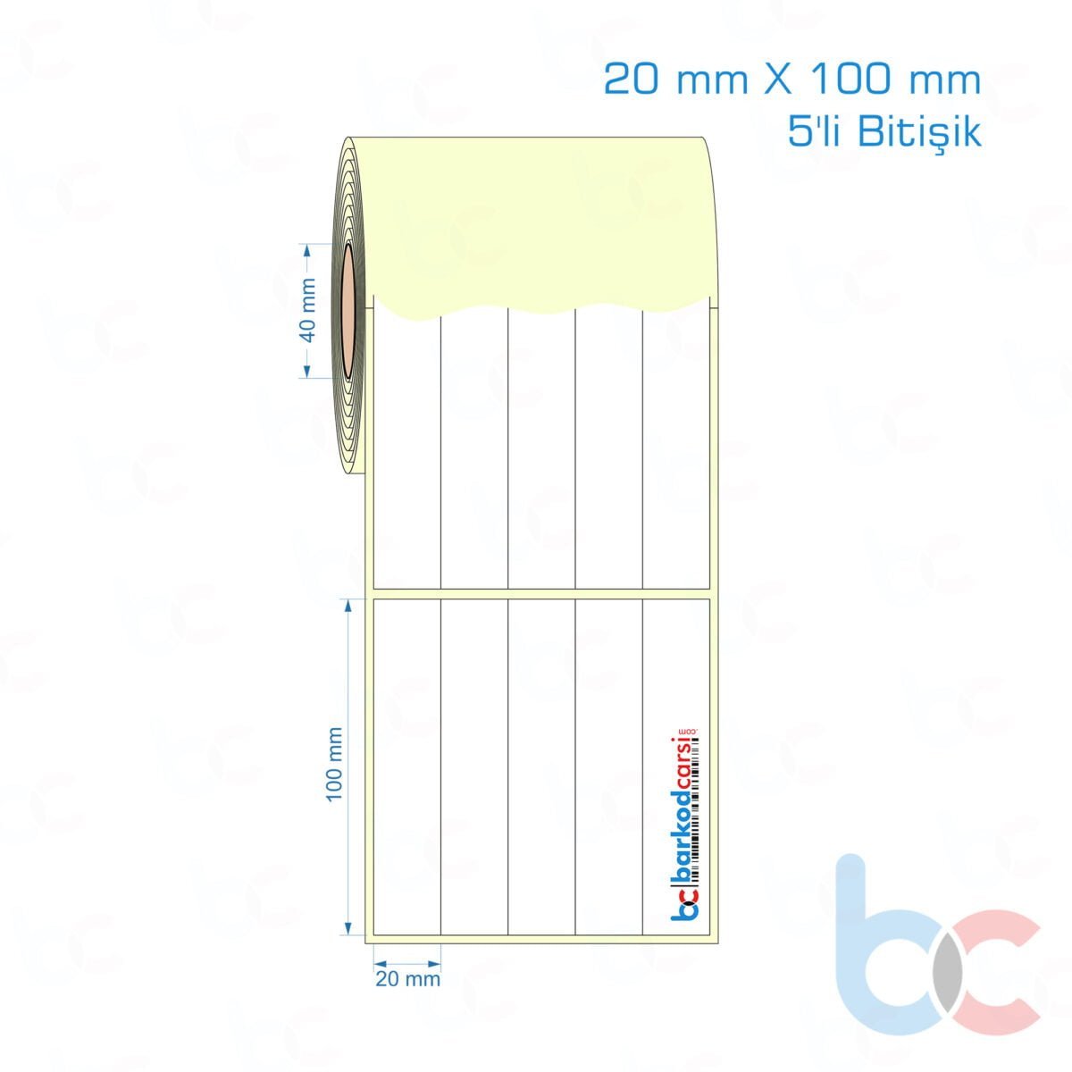 20X100 Mm 5'Li Bitişik Hazır Rulo Barkod Etiketi (Yapışkanlı) Kuşe / Vellum / Termal Etiket Fiyatı 20X100 Mm 5'Li Bitişik Etiket (Kuşe, Vellum, Eko / Lamine Termal) Fiyatları