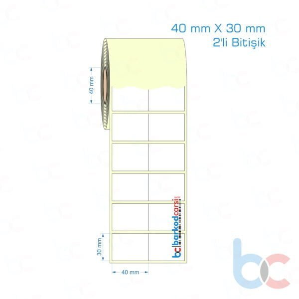 40x30 mm 2'li Bitişik Etiket (Kuşe, Vellum, Eko / Lamine Termal) Fiyatları