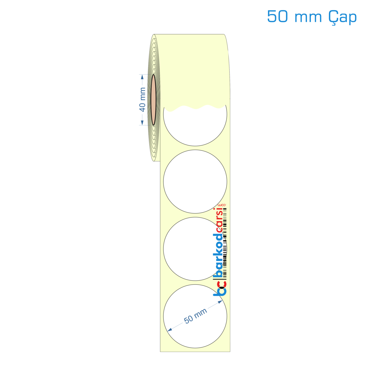 50 Mm Çap Hazır Rulo Barkod Etiketi (Yapışkanlı) Kuşe / Vellum / Termal Etiket Fiyatı 50 Mm Çap Etiket (Kuşe, Vellum, Eko / Lamine Termal) Fiyatları