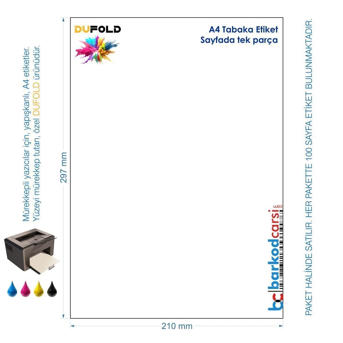 A4 Dufold Etiket, Sayfada Tek, Yapışkanlı