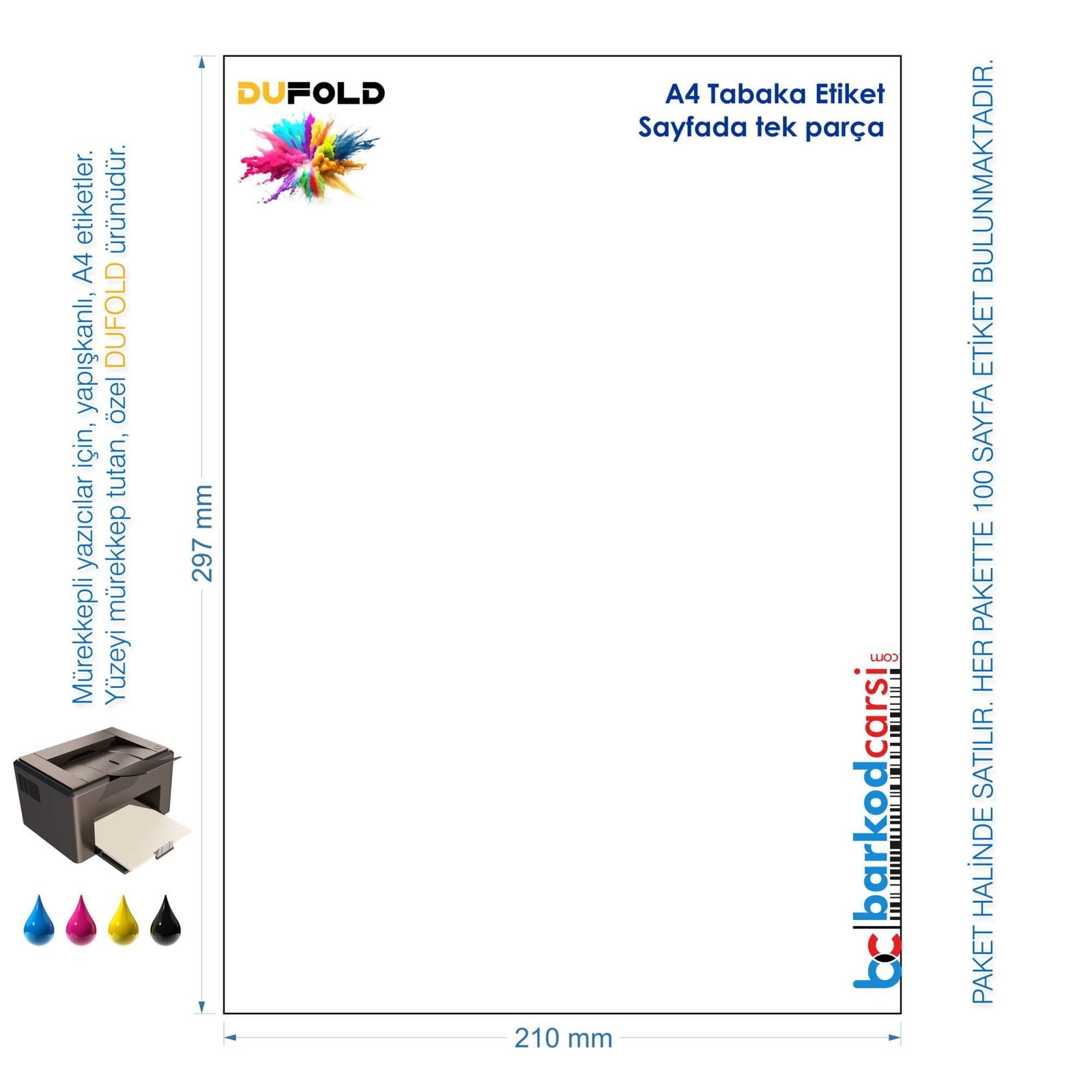 A4 Dufold Etiket, Sayfada Tek, Yapışkanlı