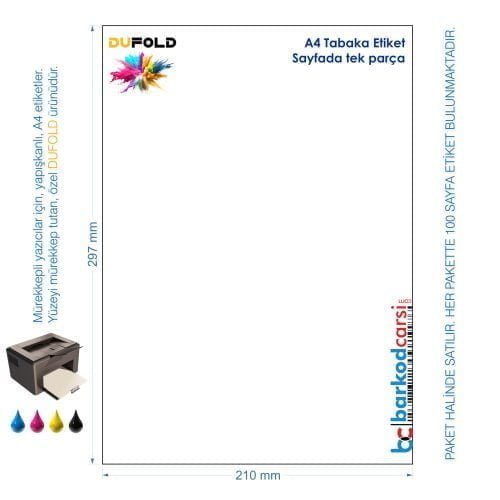 A4 Dufold Etiket, Sayfada Tek, Yapışkanlı