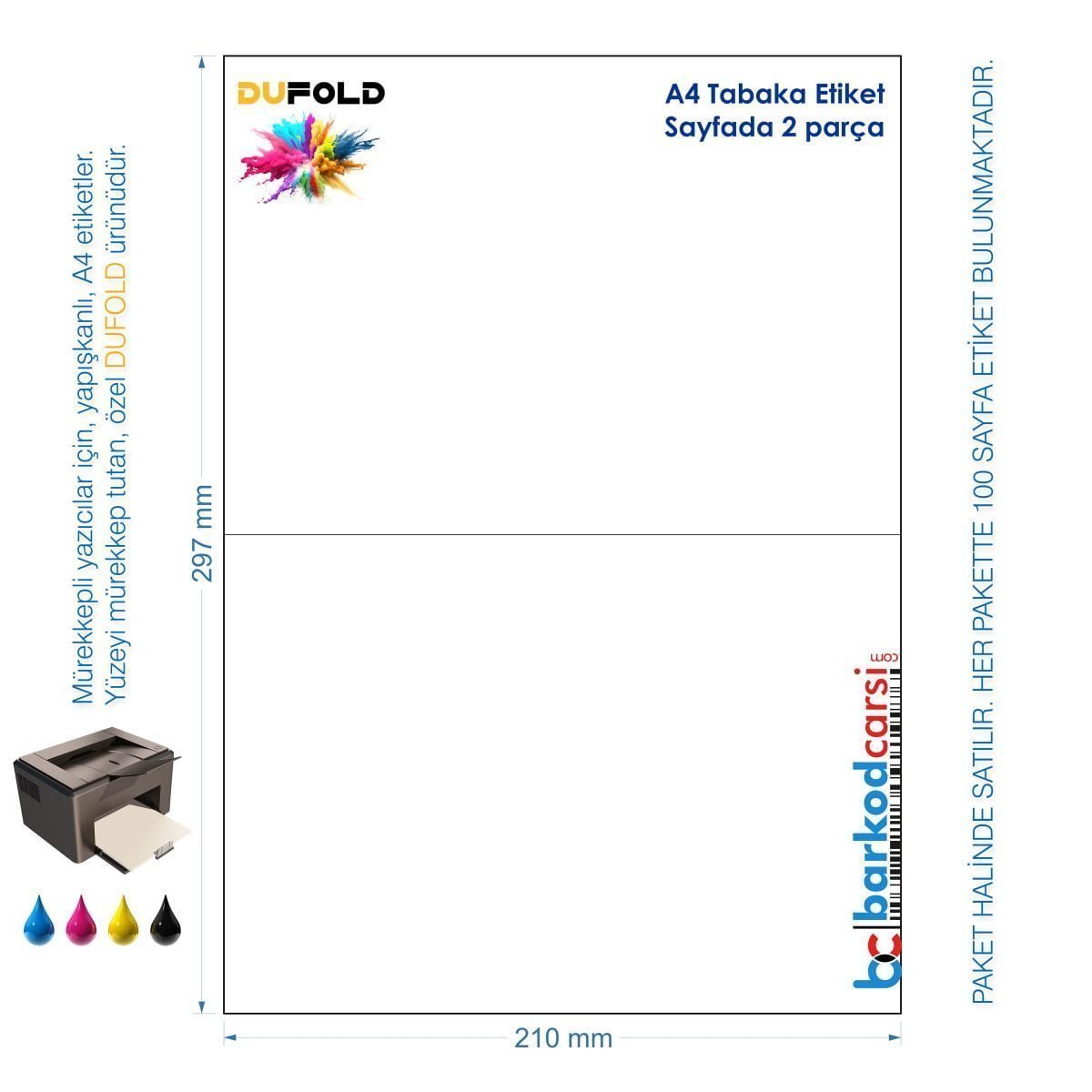 A4 Dufold Etiket, Sayfada 2 Parça, Yapışkanlı
