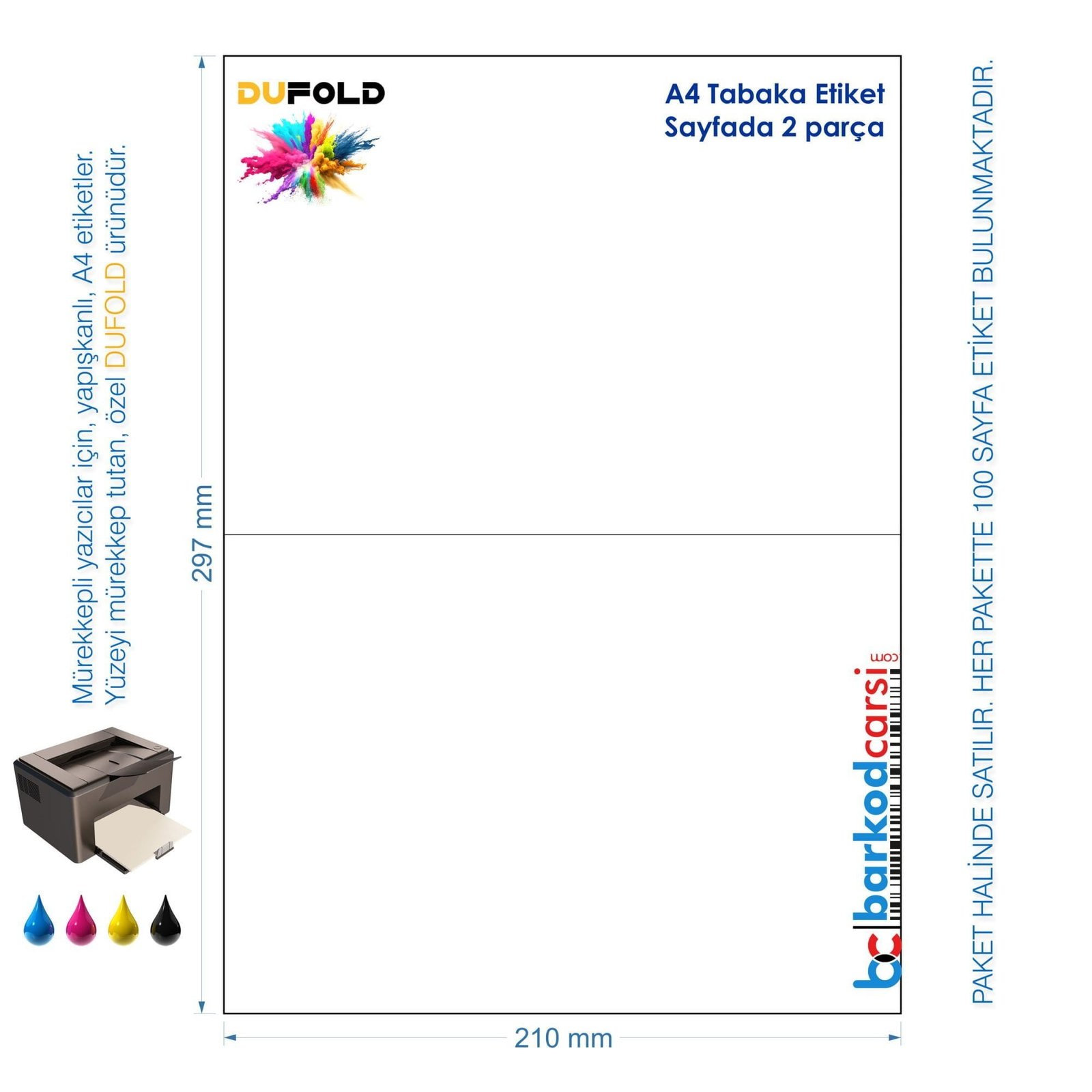 A4 Dufold Etiket, Sayfada 2 Parça, Yapışkanlı