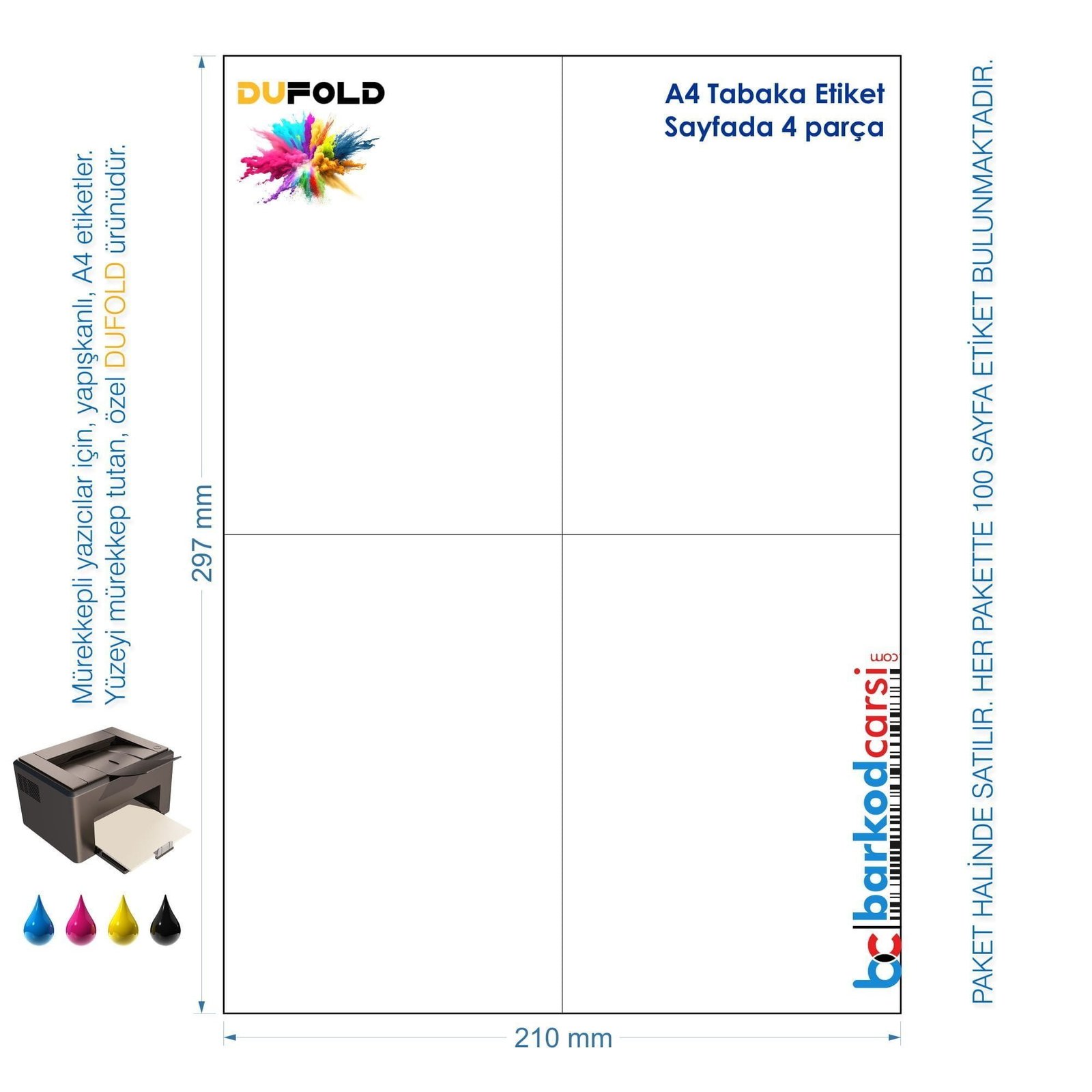 A4 Dufold Etiket, Sayfada 4 Parça, Yapışkanlı