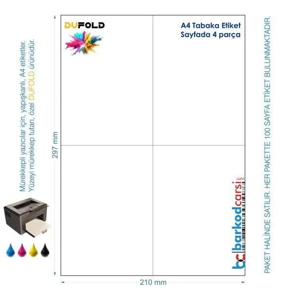 A4 Dufold Etiket, Sayfada 4 Parça, Yapışkanlı