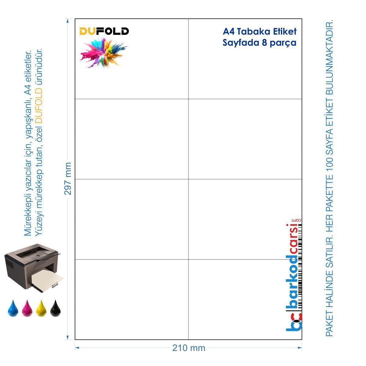 A4 Dufold Etiket, Sayfada 8 Parça, Yapışkanlı